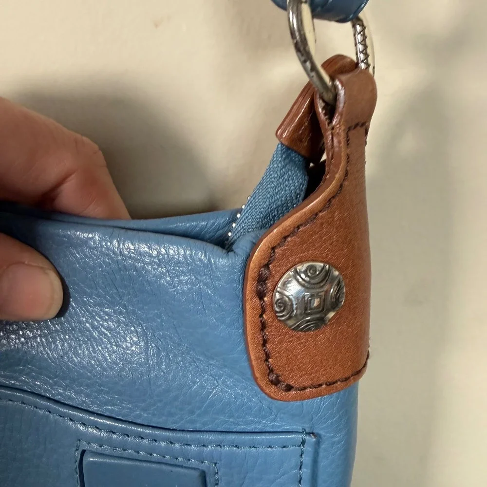 Brighton Shiloh Africanz Blue Pebbled Leather Crossbody Organizer Bag